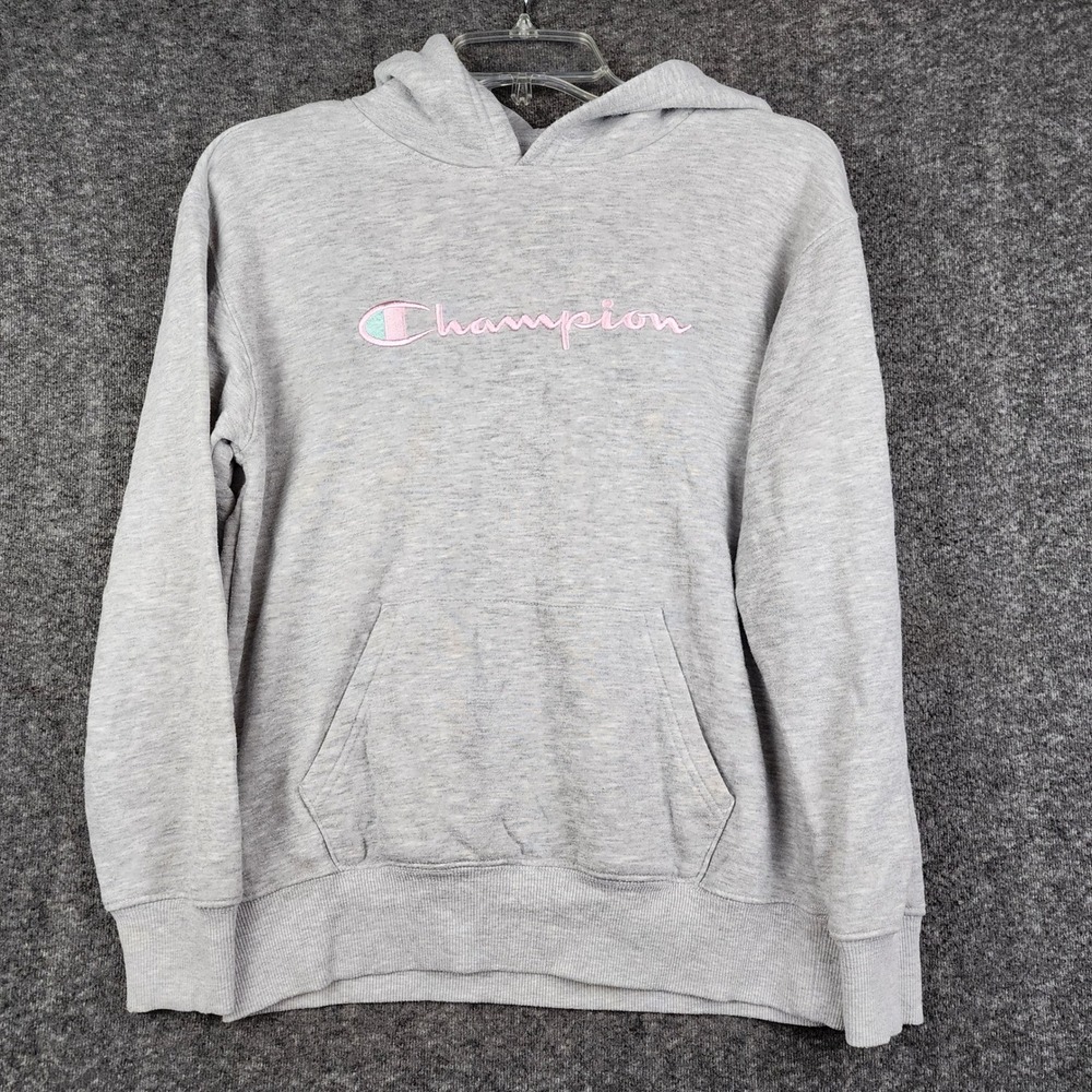 Champion Hoodie Girls XL Gray Pink Script Logo Pullover Fleece Kangaroo Pocket‎